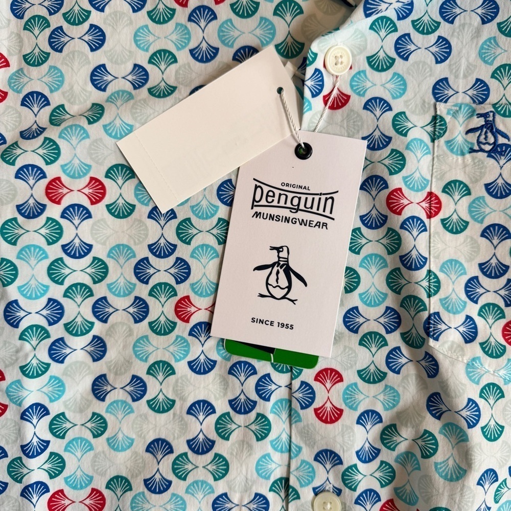 Original Penguin Short Sleeve Collared Button Up Art Deco Geo Print Mens Size M - Picture 9 of 11